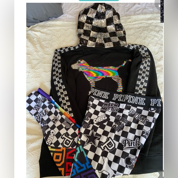 Vs PINK flip sequin bling Pullover hoodie black checkered bling 2018 collection - Picture 4 of 13